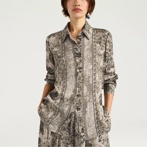 Tahari long-sleeve blouse with a grey and black paisley patchwork print